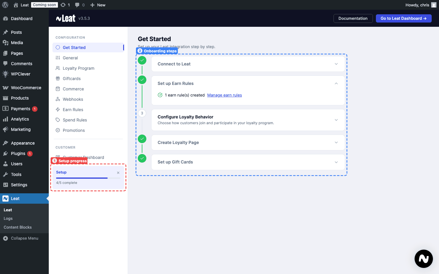 The Get Started onboarding wizard. The setup progress widget (1) tracks your completion, and the onboarding steps (2) guide you through each configuration task.