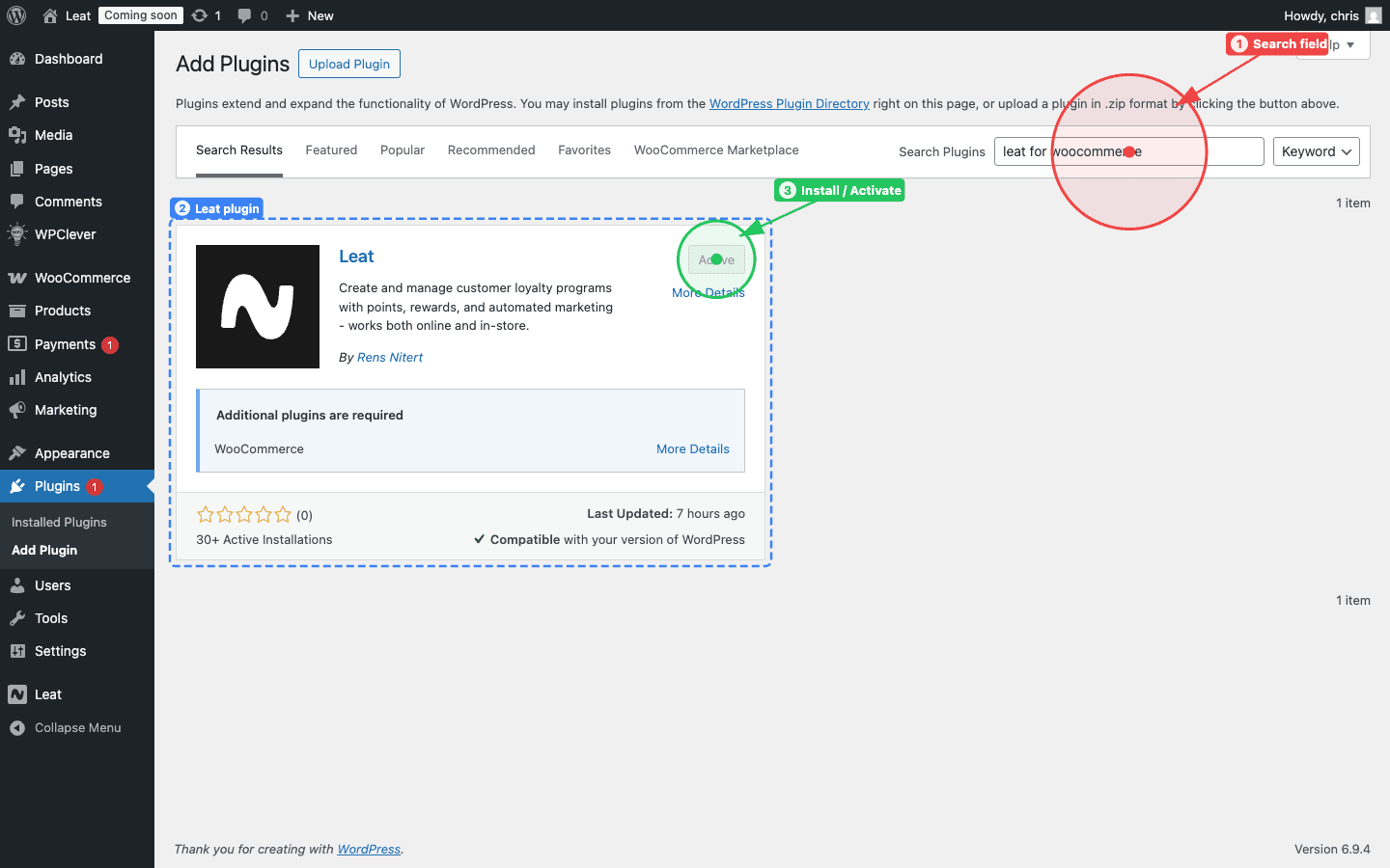 Search for the Leat plugin in the WordPress plugin directory. Type "Leat for WooCommerce" in the search field (1), find the Leat plugin card (2), and click Install Now / Activate (3).