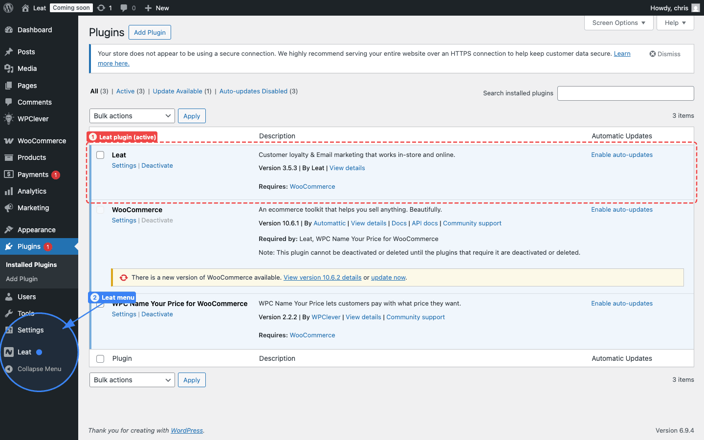 The Leat plugin active in the Plugins list