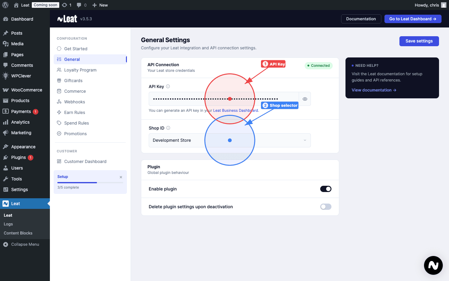 General Settings page. Paste your Personal Access Token into the API Key field (1), then select your shop from the Shop ID dropdown (2).