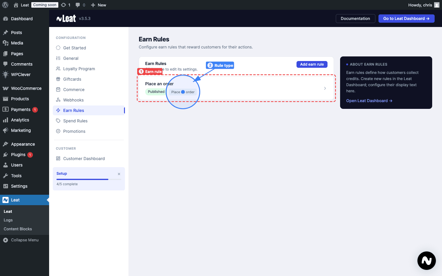 Earn rules settings page. Each earn rule (1) shows its status and rule type (2).