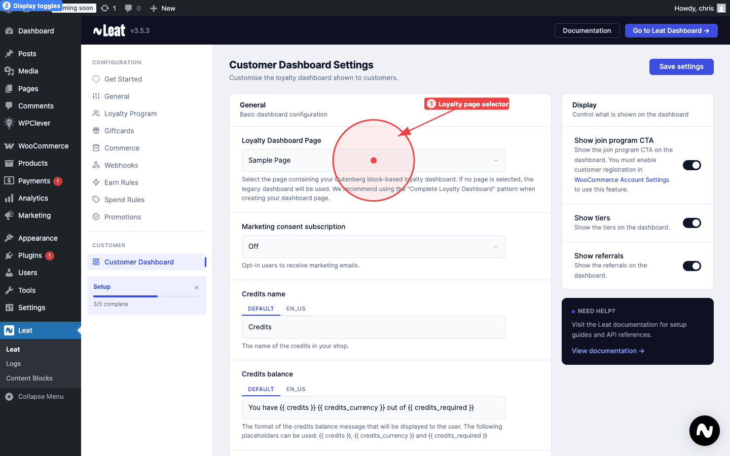 Customer Dashboard settings. Use the page selector (1) to choose which page serves as the loyalty dashboard. The display toggles (2) control which sections are visible to customers.
