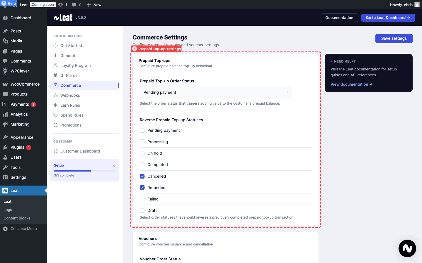 Leat Commerce Settings page showing (1) the Prepaid Top-up settings including order status trigger and reversal status checkboxes, and (2) the Help sidebar with documentation links.