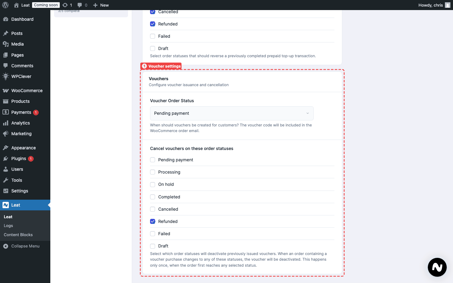 Leat Commerce Settings page scrolled to the (1) Voucher settings section showing the Voucher Order Status dropdown and Cancel vouchers on these order statuses checkboxes.