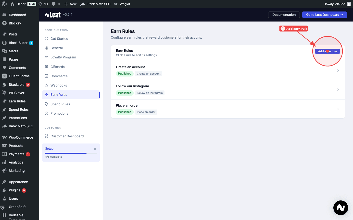 The earn rules list shows each rule with its title and status. Click Add earn rule (1) to create a new one.