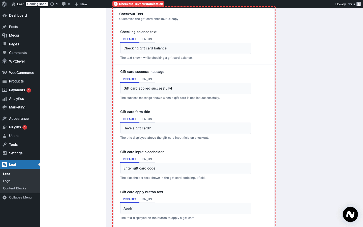 Leat Giftcards Settings page scrolled to the (1) Checkout Text section where you can customise all gift card form labels, placeholders, and messages.
