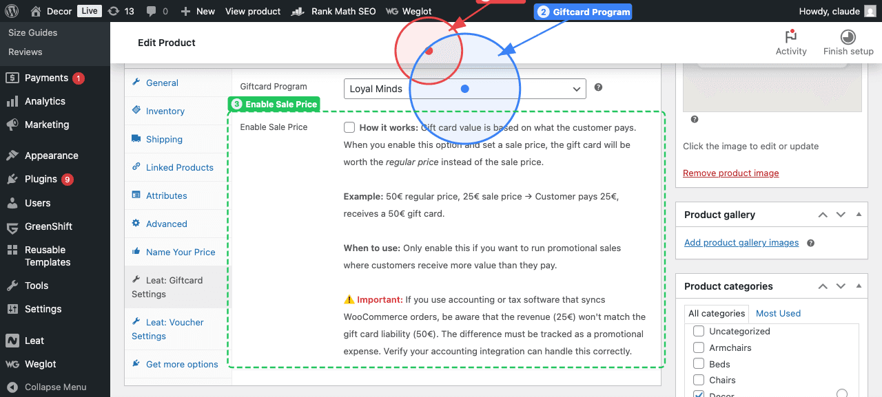 The product data panel showing the Virtual checkbox (1) at the top. In the Leat: Giftcard Settings tab, select a Giftcard Program (2). The Enable Sale Price section (3) lets you offer promotional gift cards where the card value exceeds what the customer pays.