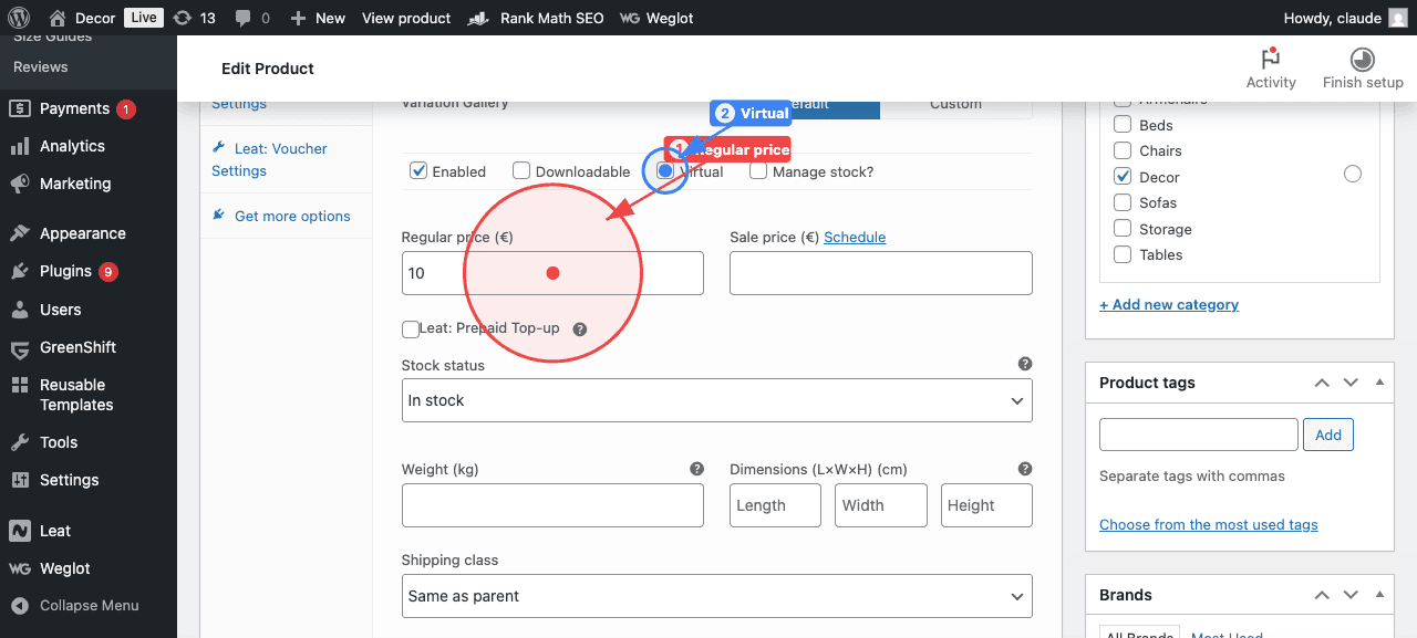 An expanded variation showing the Regular price field (1) set to 10, and the Virtual checkbox (2) that should be enabled for digital gift cards.