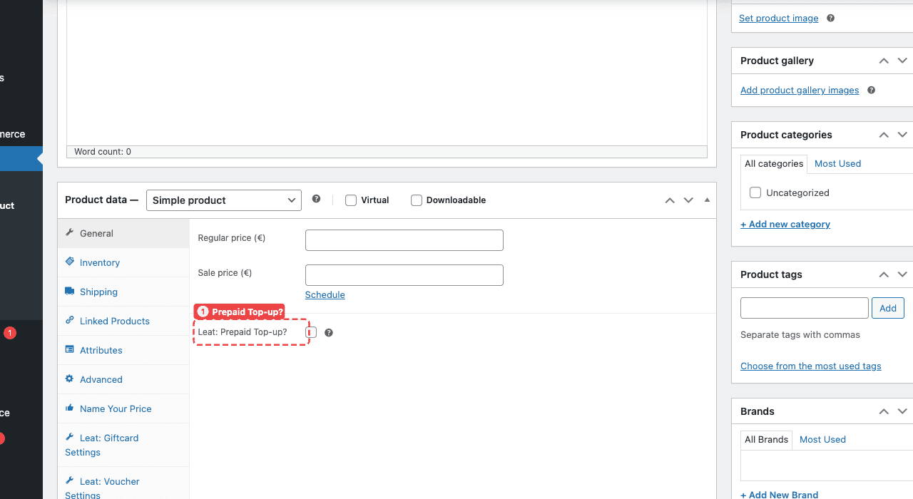 The Product data General tab on a simple product showing the Leat: Prepaid Top-up? checkbox (1) below the regular and sale price fields.