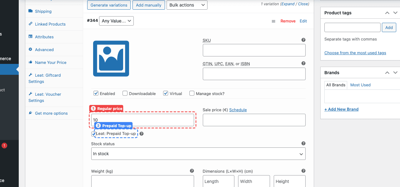 A variable product's expanded variation showing the Regular price field (1) and the Leat: Prepaid Top-up checkbox (2) directly below it.