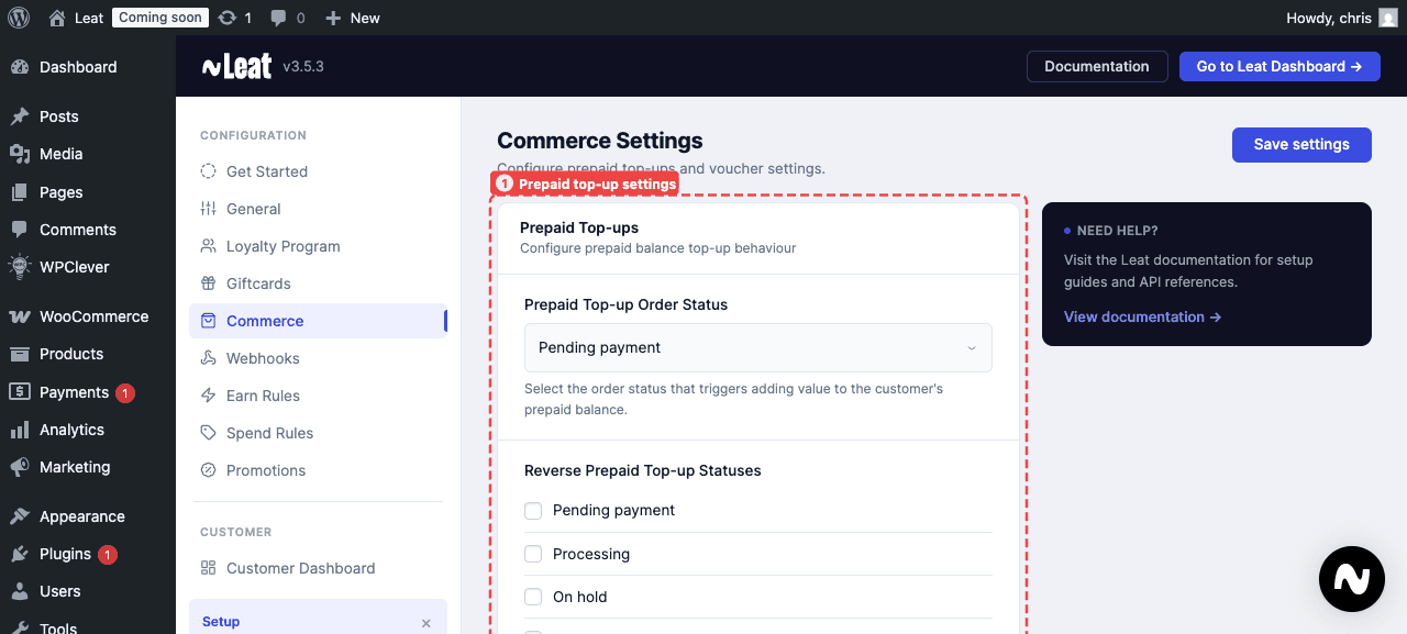 Commerce Settings showing voucher and prepaid top-up configuration.