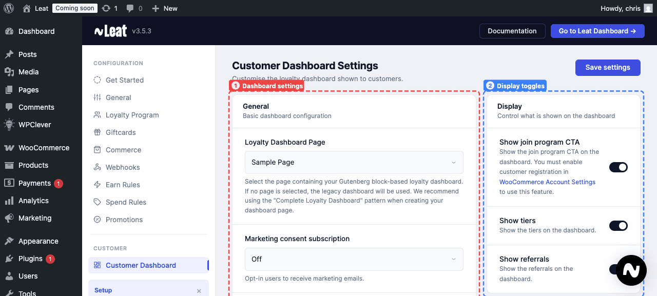 Customer Dashboard Settings showing dashboard configuration and display toggles.