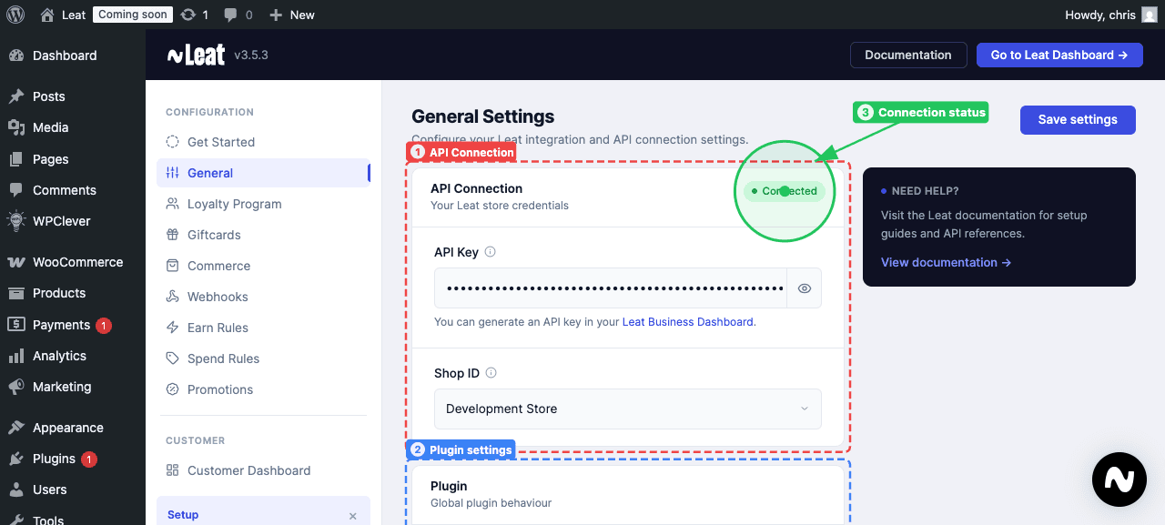 General Settings showing the API Connection section and Plugin settings.