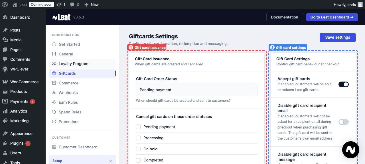 Giftcards Settings showing gift card issuance, settings, and checkout text customization.
