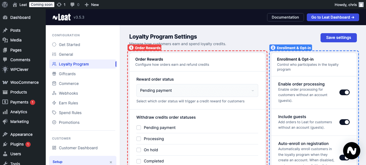 Loyalty Program Settings showing the Order Rewards and Enrollment & Opt-in sections.