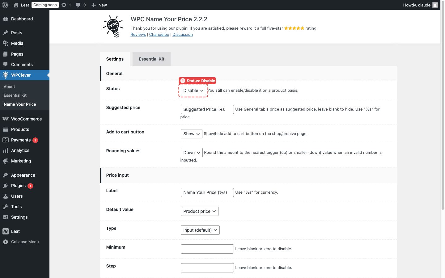 The WPC Name Your Price global settings page with the Status dropdown (1) set to Disable.