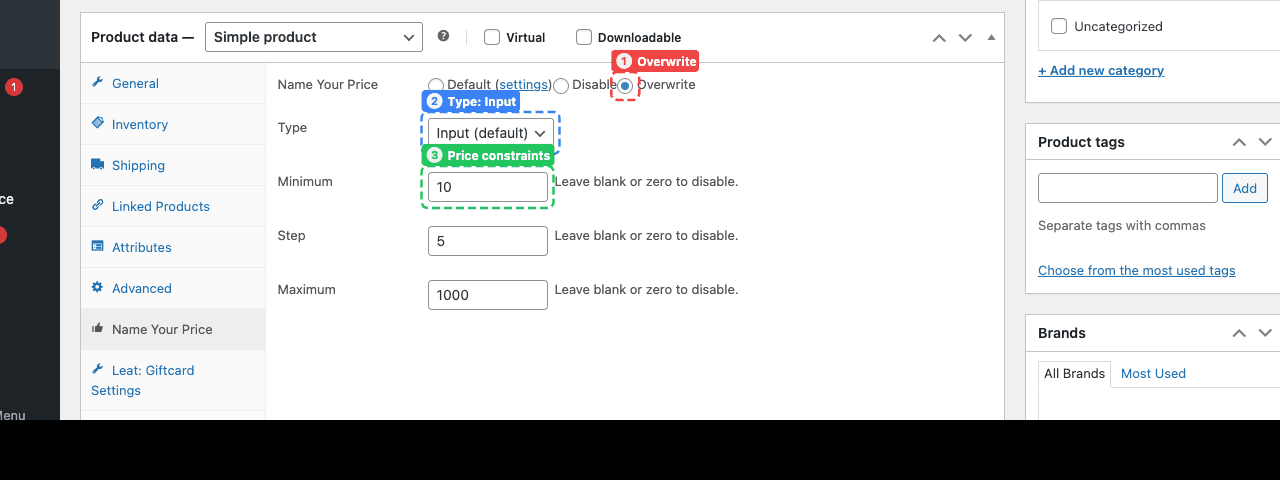 The Name Your Price tab with Overwrite selected (1), Type set to Input (2), and the price constraints section (3) showing Minimum, Step, and Maximum fields.