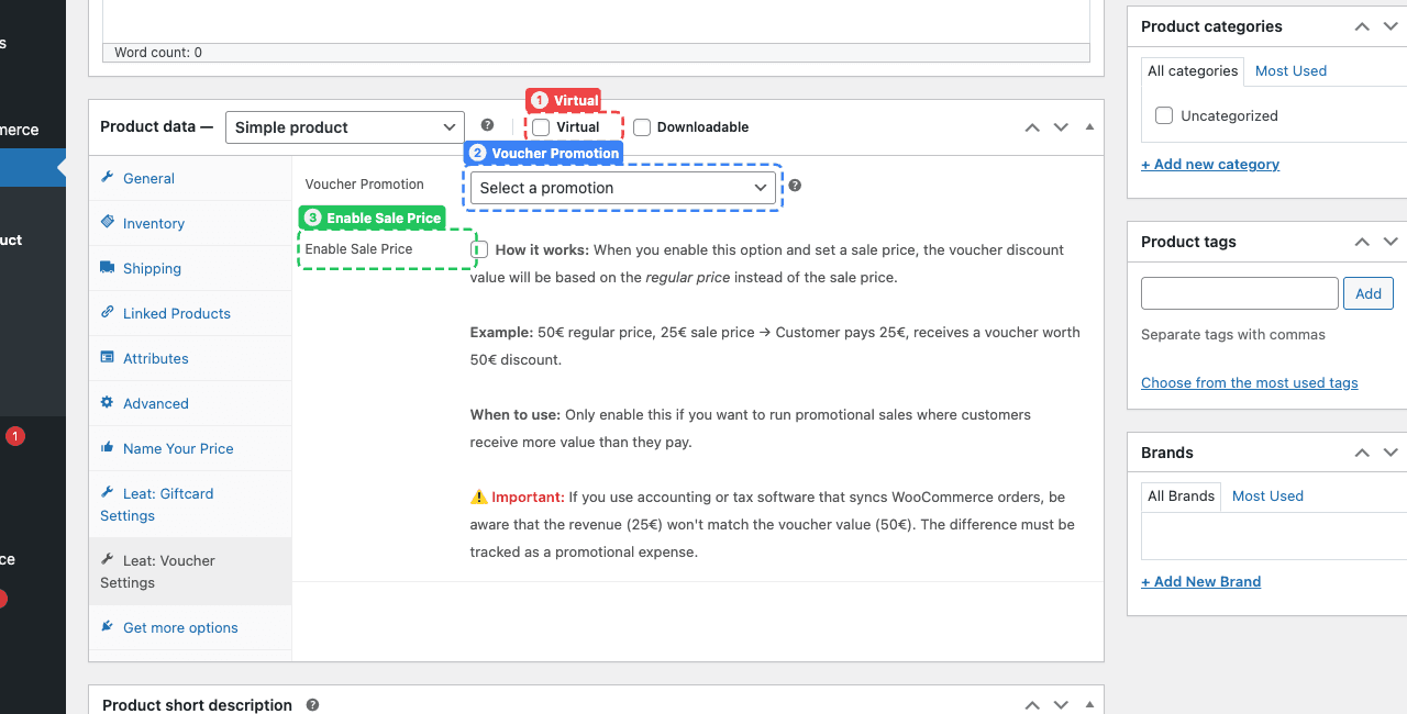 The product data panel showing the Virtual checkbox (1) at the top. In the Leat: Voucher Settings tab, select a Voucher Promotion (2). The Enable Sale Price section (3) lets you offer promotional vouchers where the voucher value exceeds what the customer pays.